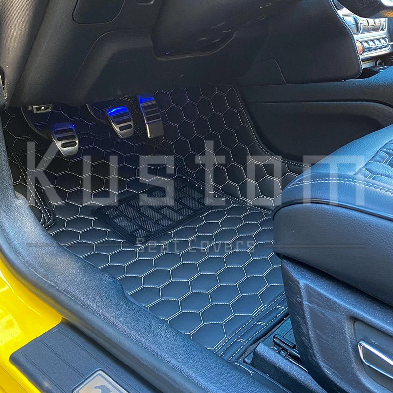 2015-up-ford-mustang-custom-honeycomb-leather-floor-mat-linersBlack W/ White Stitching